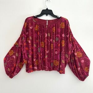 Free People Floral Mesh Balloon Sleeve Top Small Boho Multicolor Blouse Festival